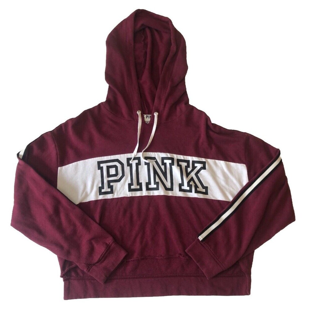 Victoria's Secret Pink Hooded Pullover Cropped Hoodie Maroon White Logo Large